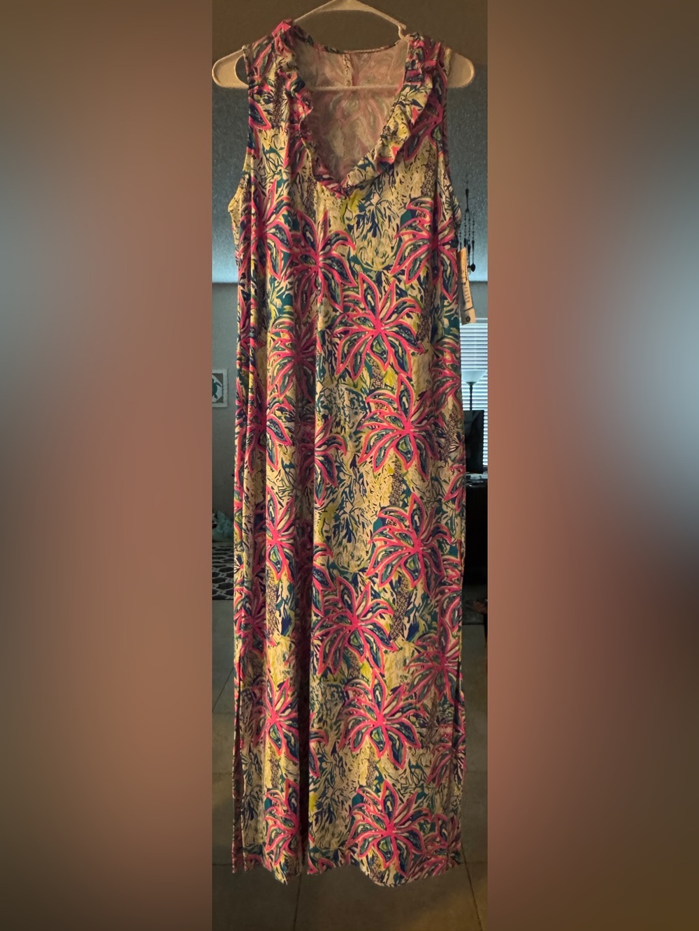 NWTO Lulu-B Pink & Yellow Tropical Palm Print Maxi Dress